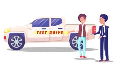 Test drive, driver and seller with car keys. Big minivan, test drive before buying. Car Center