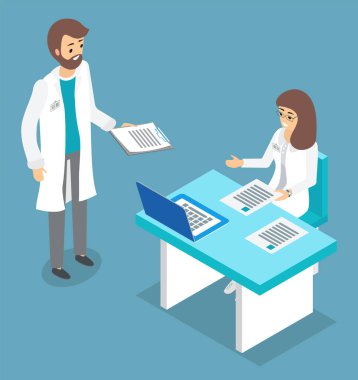 Therapist man holding clipboard with information, show it to woman, physician woman sitting at table