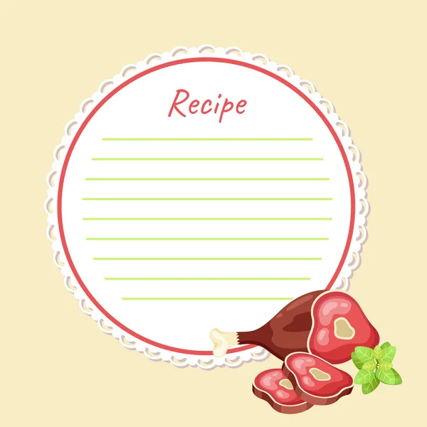 Template for writing a recipe. Culinary recipe design featuring veal bottom right. Flat image Stock Vector