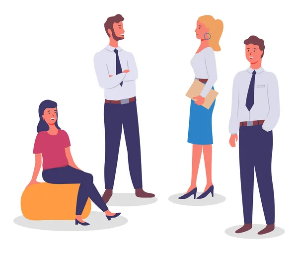 Business meeting, communicating colleagues, woman at soft chair, standing businessesspeople, teamwork — стоковый вектор