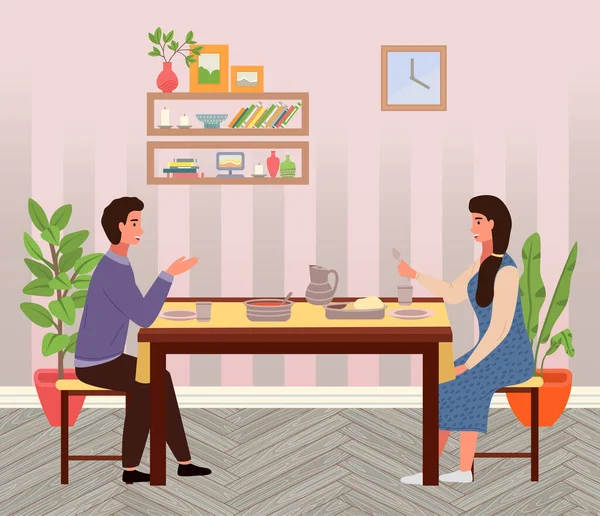 Couple is eating indian food. Characters in relationship are having dinner in the restaurant — Stock Illustration Couple is eating indian food. Characters in relationship are having dinner in the restaurant Stock Vector
