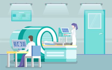 Hasta klinikte manyetik rezonans görüntülemesi yapıyor. Doktor tomografi taramasına bakıyor.