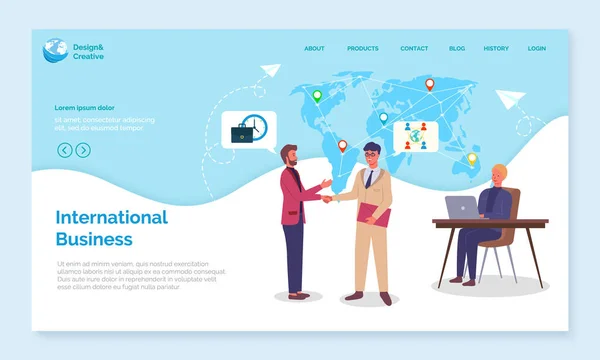Negocios internacionales, landing page del sitio web, cooperación global con socios internacionales — Vector de stock