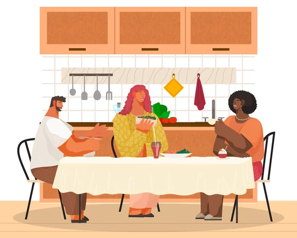 Smiling friends eating at home in the kitchen room interior together. Male and female communicating — Stock Vector