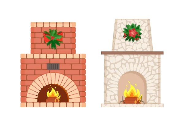 Chimenea con corona hecha de hojas de muérdago — Archivo Imágenes Vectoriales