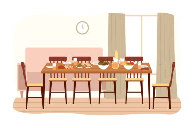 Yemek odası tasarımı düz vektör çizimi. Yemek masası ve sandalyeler yakınlarda.