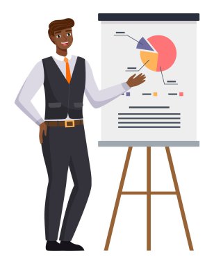 İş adamı istatistiksel bir rapor sunuyor. Analiz ve planlama sektörü