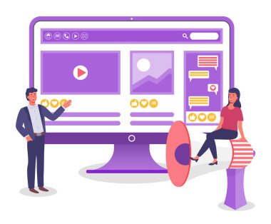 Ekranı video klip, web sitesi, sohbet, beğeni ile izle. Erkek ekranı gösterir, kadın megafona oturur.
