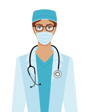 Fonendoskoplu güzel esmer bayan doktor. Yarı vücut portresi vektör illüstrasyonu