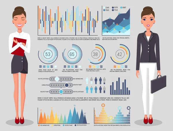 Infographics statistics, businesswoman wearing office dresscode, skirt and blouse, jacket and pants — Image vectorielle