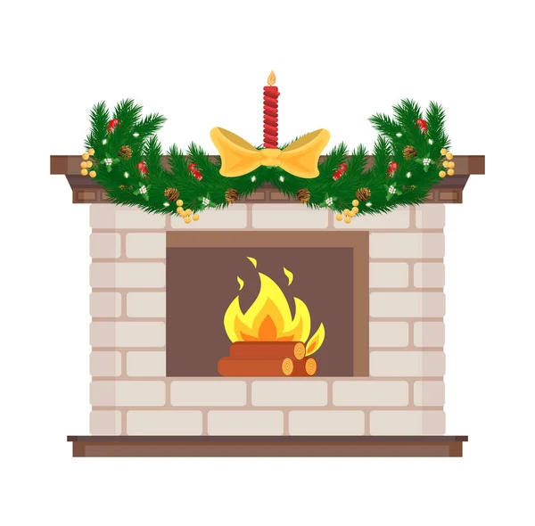 休日のためのキャンドルと弓の装飾と暖炉 — ストックベクタ
