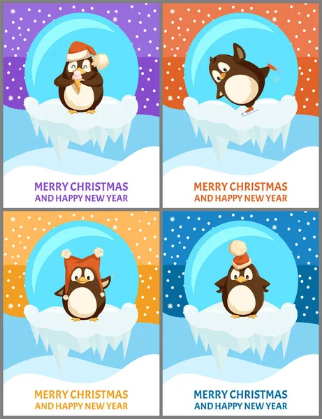 Καλά Χριστούγεννα πιγκουίνοι σε γυάλινα παιχνίδια μπάλα σετ — Διανυσματικό Αρχείο