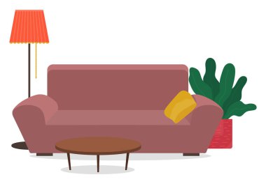 Yastıklı kanepe, lamba ve sehpa. Oturma odası mobilya tasarımı, modern ev tasarımı