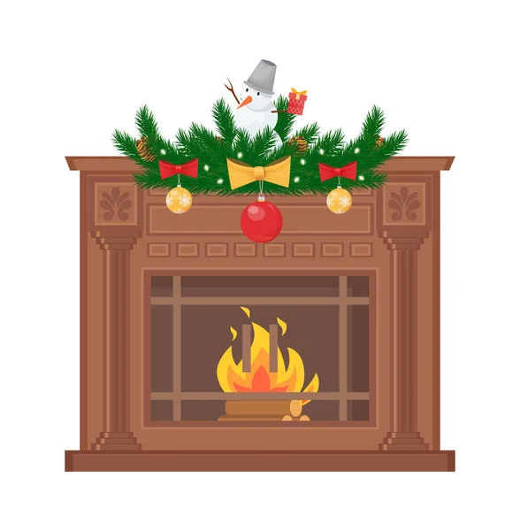 Chimenea decorada con muñeco de nieve y ramas — Vector de stock