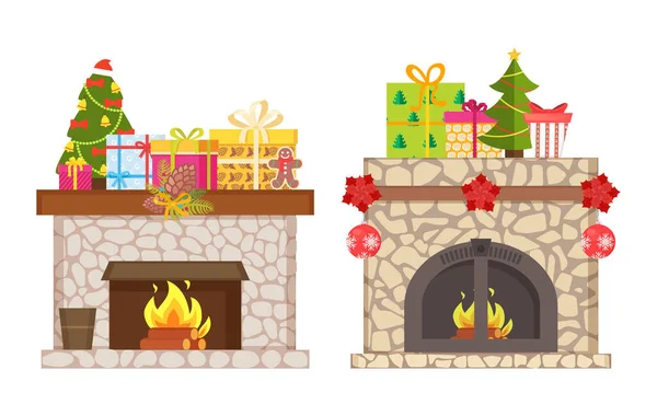 Chimenea con regalos y cajas de regalo Navidad — Archivo Imágenes Vectoriales