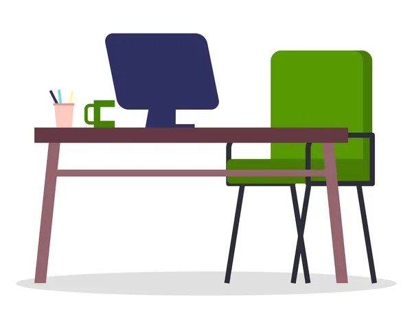 Tisch, Stuhl, Schokoriegel, Schreibwaren. Büro oder Wohnbereich. Arbeit von zu Hause aus — Stockvektor
