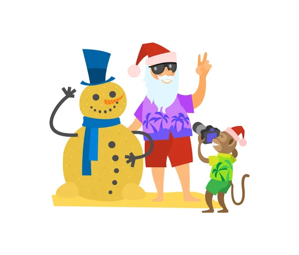 Santa Claus Making Photo with Snowman Made of Sand — Stock Vector
