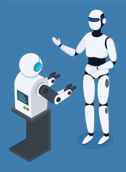 Robots communicating with each other, futuristic artificial intelligence, innovative humanized model — Stock Vector