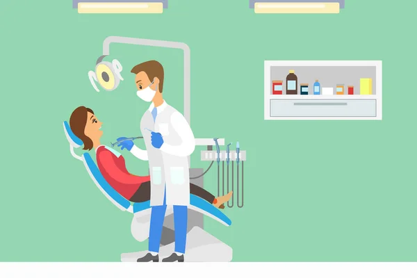 Dentist is holding instruments and examining the teeth. Patient is lying down in the dental chair — Image vectorielle