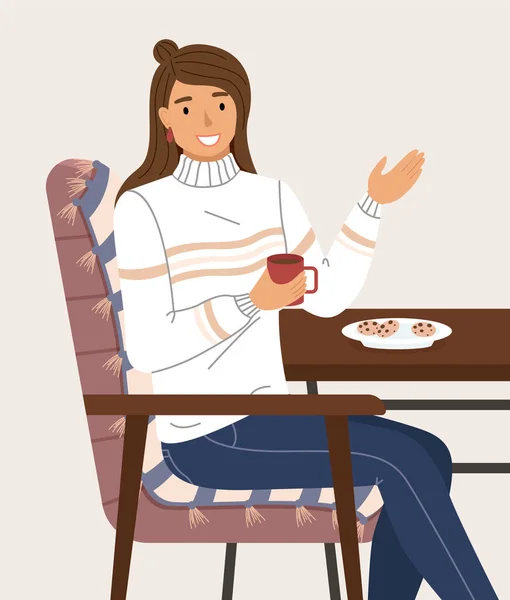 Reunión virtual en Internet. Chica con taza de café y galletas. Oficina en casa en tiempo de cuarentena — Vector de stock