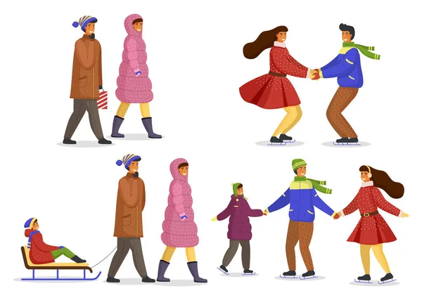 Familien-Winteraktivitäten im Freien, Eltern mit Kindern spazieren gehen, Spaß haben, gemeinsam Schlittschuhlaufen — Stockvektor