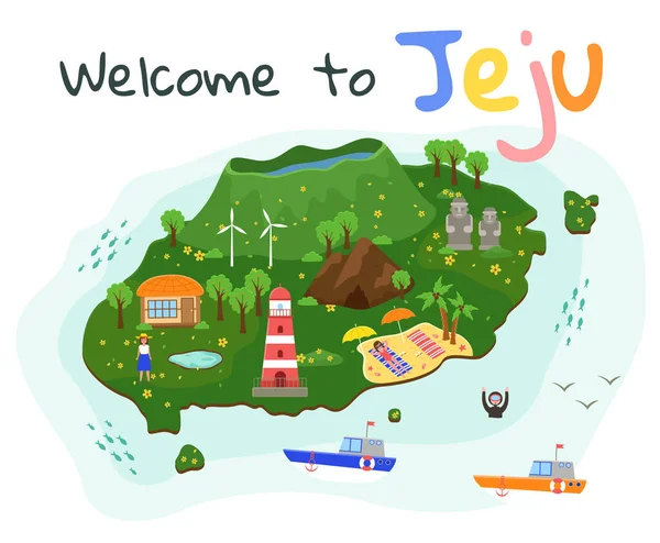 Mapa de viajes de isla de Jeju. Diversión en territorio deshabitado. Principales atracciones del complejo surcoreano — Vector de stock