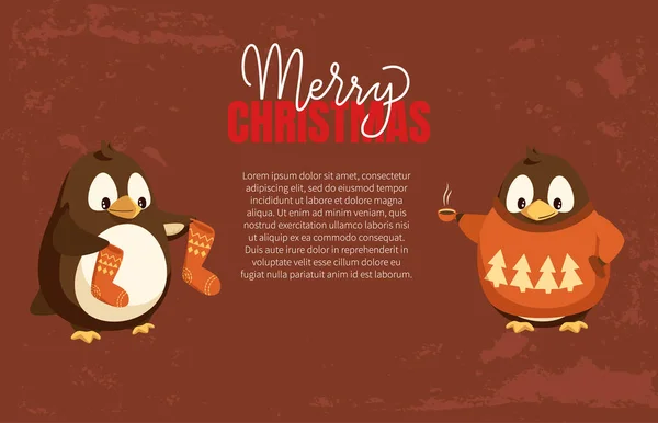 Merry Christmas Penguins In Warm Clothes Poster — Image vectorielle