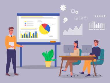 İş arkadaşları, takım çalışması, ofis çalışanları projede çalışıyor, plan yapıyor, tahtaya bakıyor.