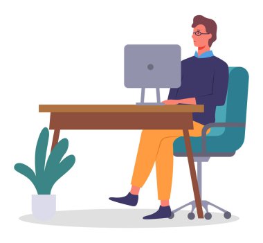 Ofisteki masada oturan ve çalışan bir iş adamı, bilgisayar kullanarak ekrana bakan bir iş adamı.