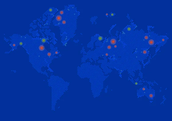 Mappa dettagliata del mondo vettoriale di colori blu su sfondo scuro. Pianeta aperto con segni colorati — Vettoriale Stock