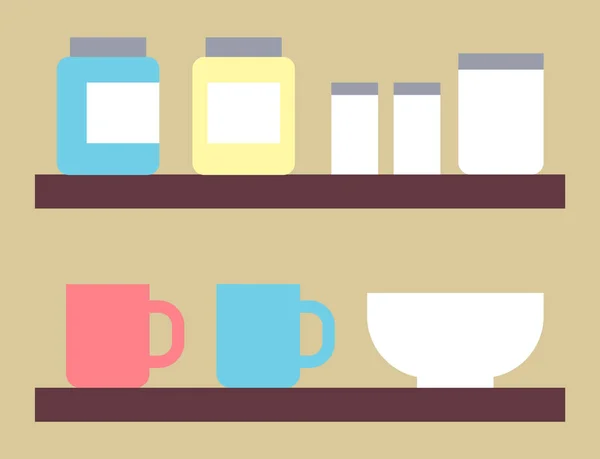Кухонная полка, чашки, стеклянные контейнеры, солонка, перечница, кухонная утварь. Плоское изображение — стоковый вектор