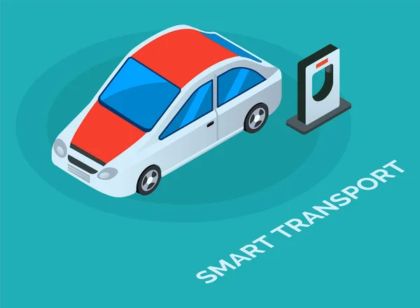 Autonomo auto veicolo in piedi vicino al caricabatterie. Illustrazione vettoriale concettuale intelligente e tecnologica — Vettoriale Stock