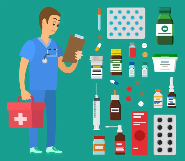 Emergency doctor near set of medical supplies. Medical worker holding patient card and first aid kit — Wektor stockowy