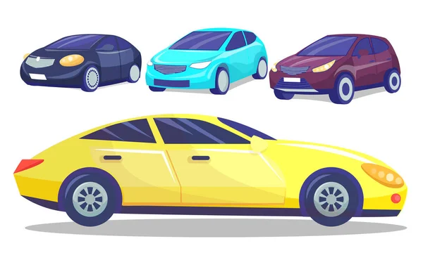 Colección de automóviles, conjunto de coloridos coches modernos, automóviles de adelante y de lado, vehículo — Vector de stock