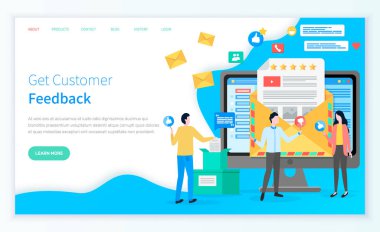 İş konsepti müşteri geri bildirimi alıyor. Karakter yöneticileri ve istemcileri ile sayfa şablonu indiriliyor