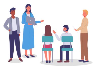 İş toplantısı, iş arkadaşlarıyla iletişim kurmak, ayakta durmak ve oturmak iş adamları konuşmak, tartışmak.