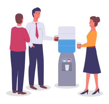 Su dağıtıcısının ya da su soğutucusunun yanında duran ofis çalışanları ellerinde kağıt bardaklarla içki içerek sohbet ediyorlar.