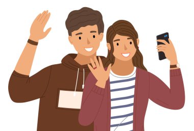 Genç çocuk elini sallıyor. Kızın yanında duran erkek karakter, arkadaşlar selfie çekiyor.