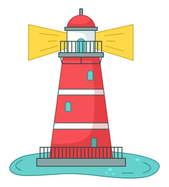 白で隔離された灯台のアイコン、船のためのナビゲーションビル、漫画のベクトル赤い灯台 — ストックベクタ