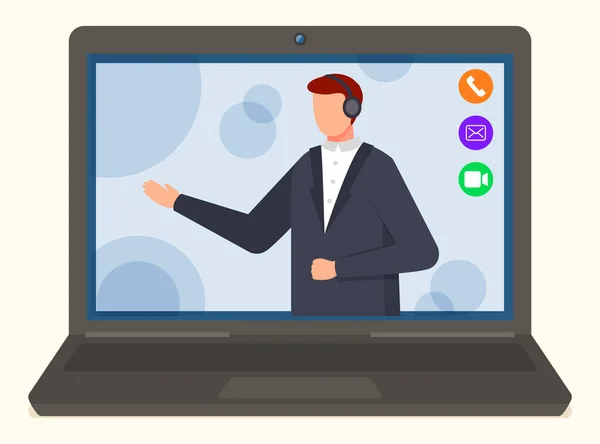 Een man met een koptelefoon pleegt een videogesprek. Afbeelding van een man op een laptop scherm vector illustratie — Stockvector