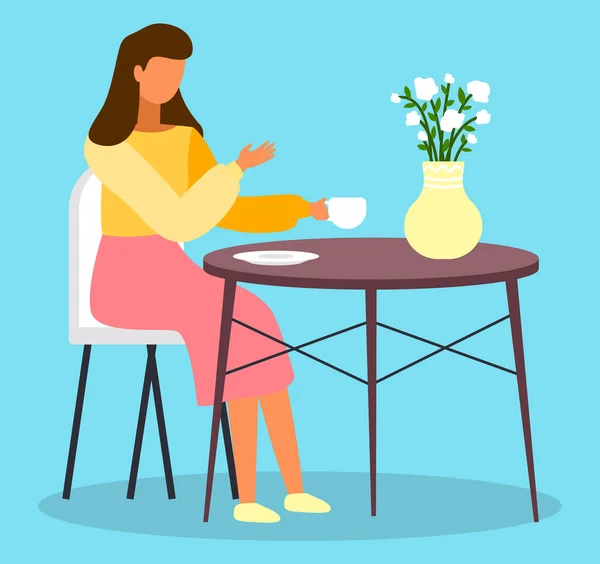 Woman sits at round coffee table and drinks tea, vase with white flowers. Stay home. Flat image — Vetor de Stock