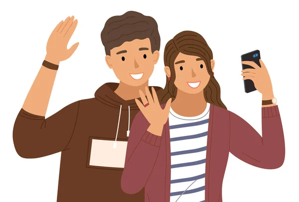 Junge winkt mit der Hand. Männliche Figur steht neben dem Mädchen, Freunde machen Selfie — Stockvektor