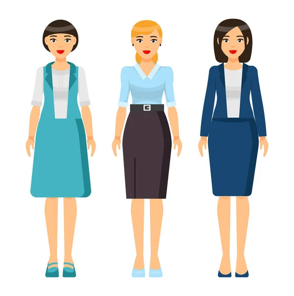 Eine Reihe von Geschäftsfrauen tragen stylische Kleider, Frisuren, Accessoires, Schuhe, Dresscode — Stockvektor