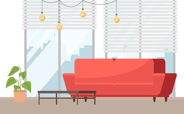 Дизайн интерьера гостиной. Красный диван на фоне большого панорамного окна — стоковый вектор