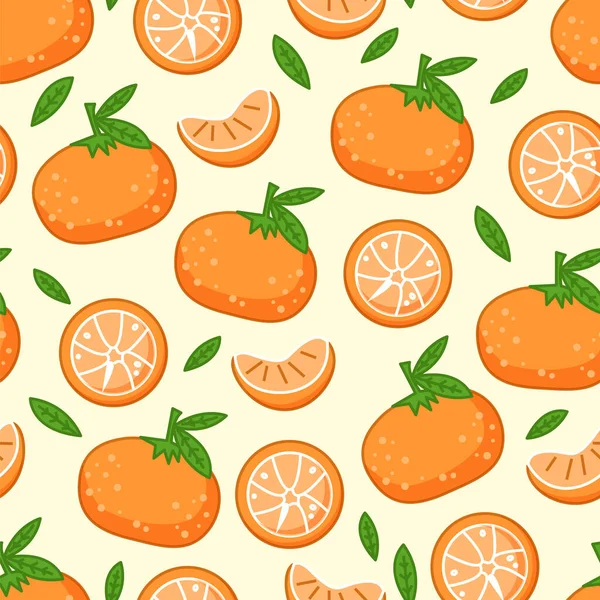 Patrón con mandarinas frescas con hojas verdes. Naranja cítricos maduros mandarina vector de diseño — Vector de stock