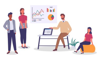 Modern ofiste ofis personeli, dizüstü bilgisayar, mobilya, tavan ışıklandırması. Düz vektör resmi izole edildi