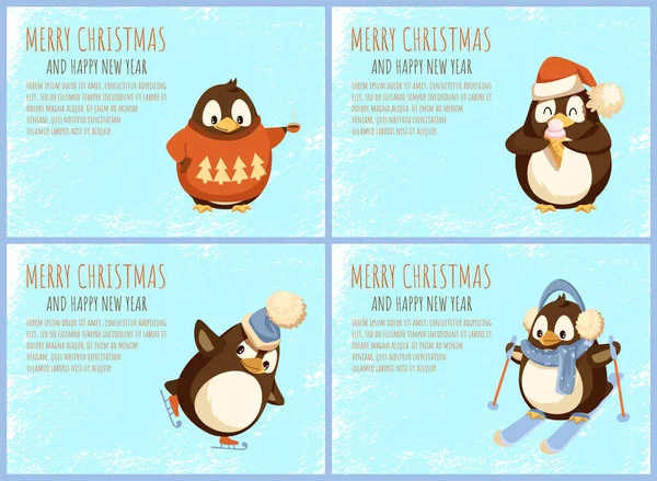 Feliz Navidad Feliz Año Nuevo saludos, pingüinos — Vector de stock