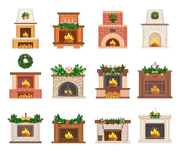 Chimenea decorada por el conjunto de vectores de juguetes de Navidad — Archivo Imágenes Vectoriales