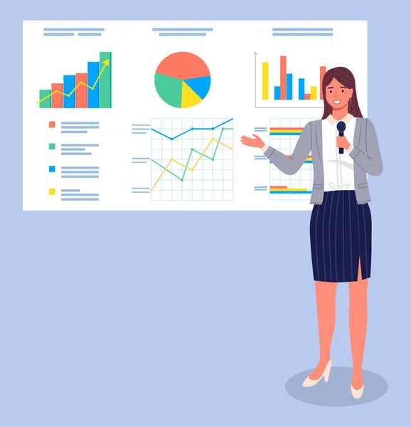 Mujer de negocios dando una presentación, apuntando a un gran stand con gráficos, datos analíticos — Vector de stock