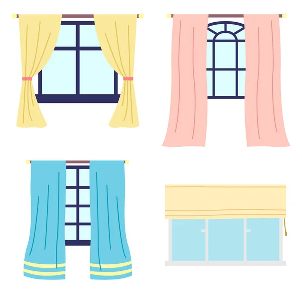 カラフルなカーテン付きの異なる木製フレームウィンドウのコレクション、プラスチック窓のローマのカーテン — ストックベクタ